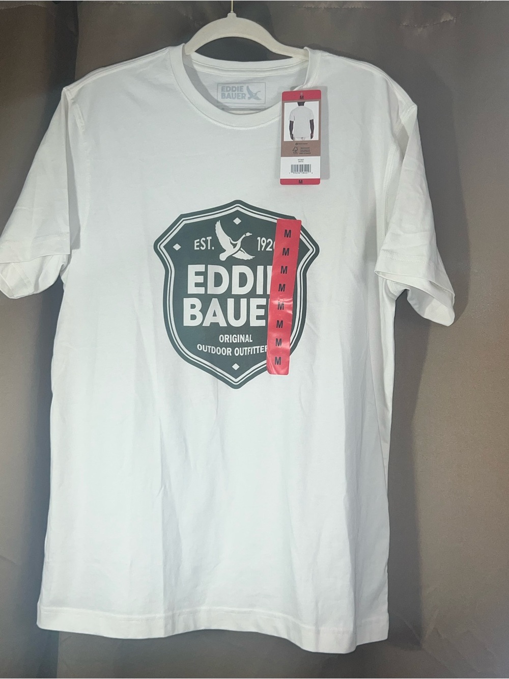 Eddie Bauer White Short-Sleeve Logo Tee with Dark Green Crest